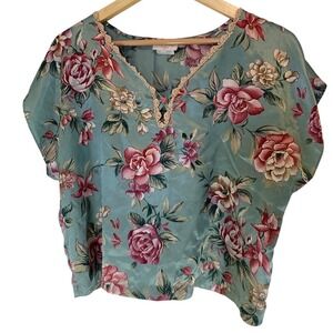 Inner Most Floral Lace Trim Satin Top Medium Cottagecore Vintage Womens